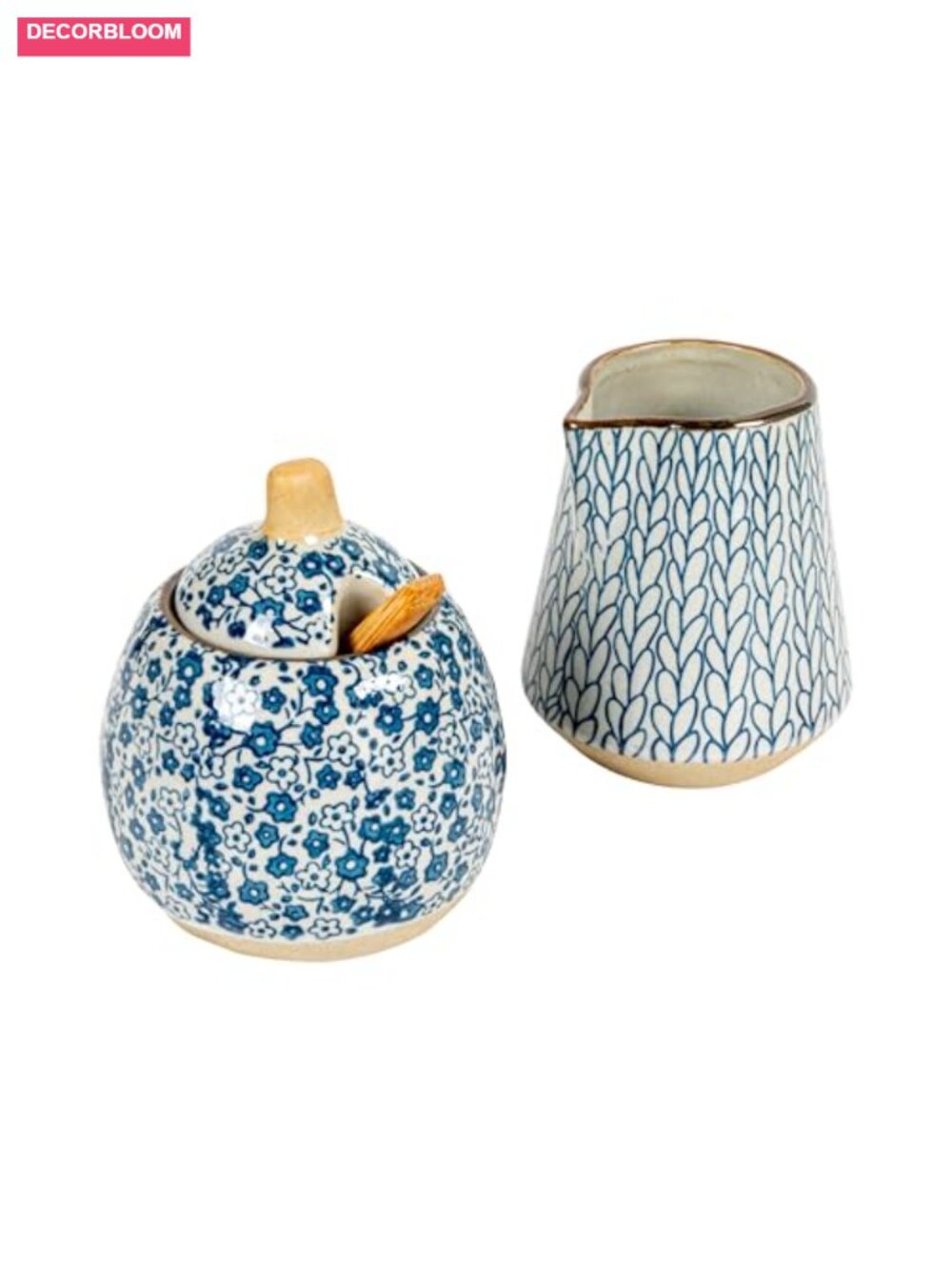 Hand-Painted Stoneware Sugar & Creamer Set with Lid and Wood Spoon - Picture 1 of 6